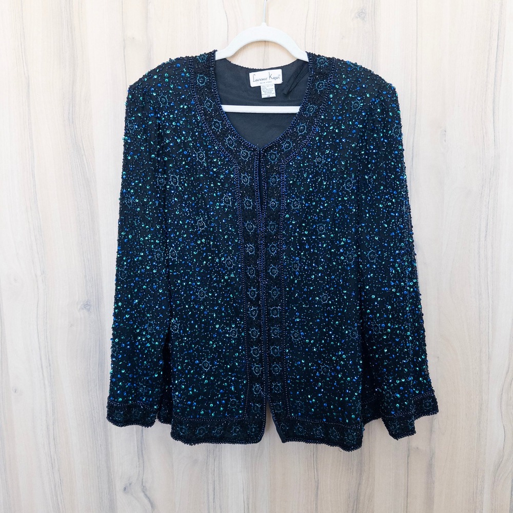 Vintage Laurence Kazar Womens Silk Beaded Evening Jacket 3X Black Blue Evening